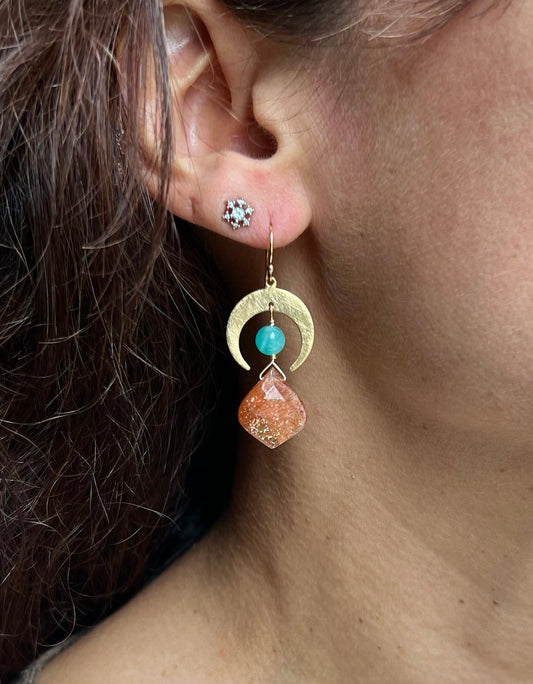 Sunstone Amazonite Moon Goddess Earrings