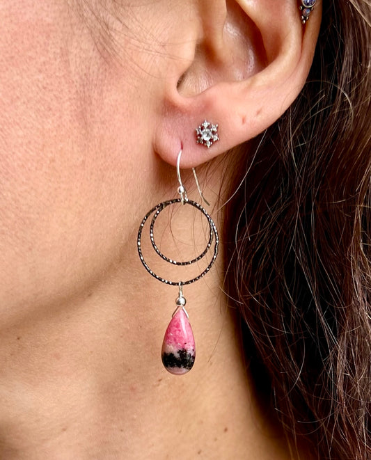 Rhodonite Diamond Cut Double Hoop Earrings