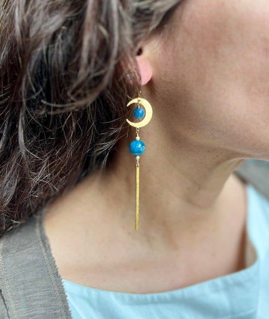 Brass Moon Apatite Long Drop Earrings