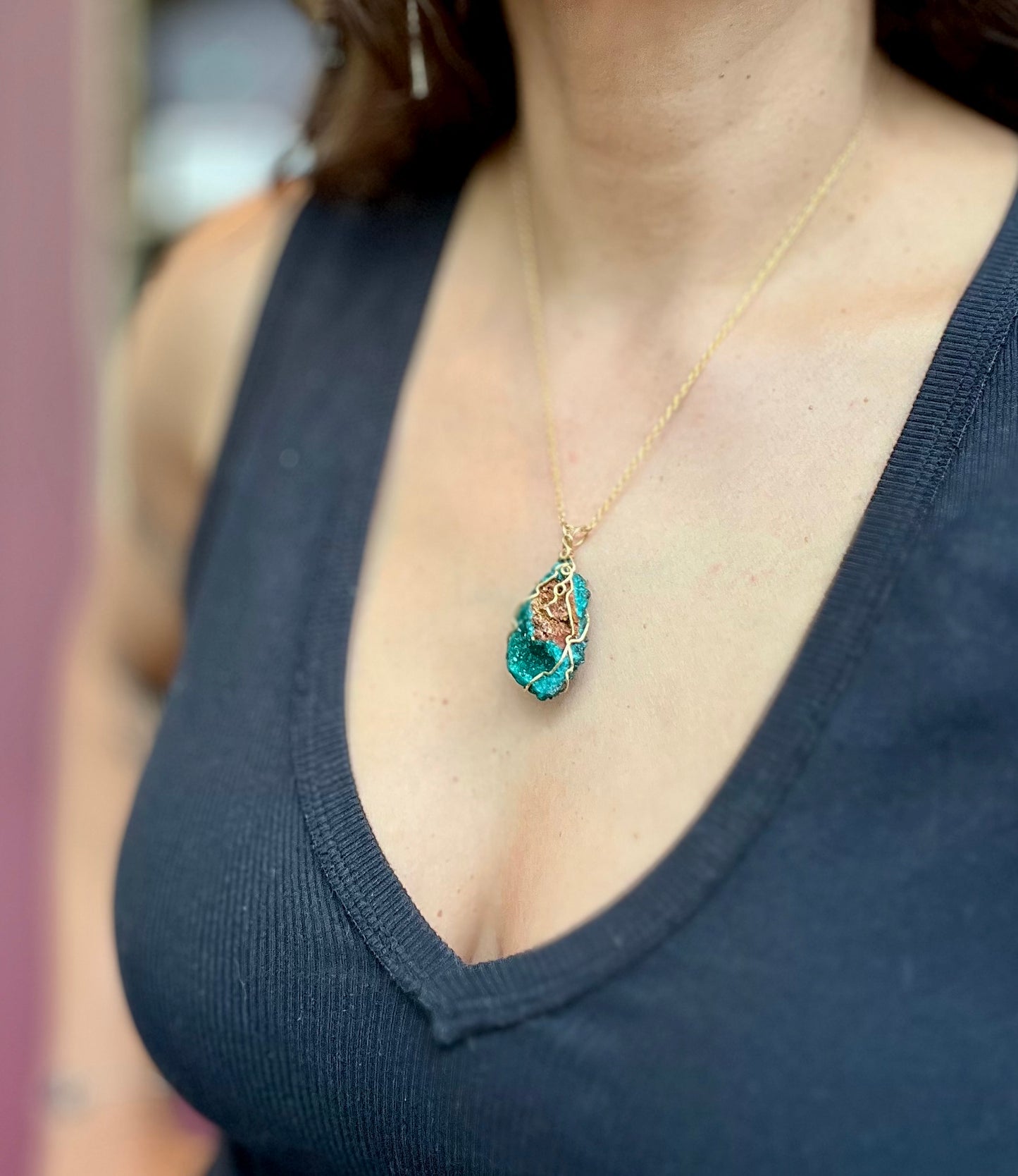 Dioptase Gold Wrap Necklace