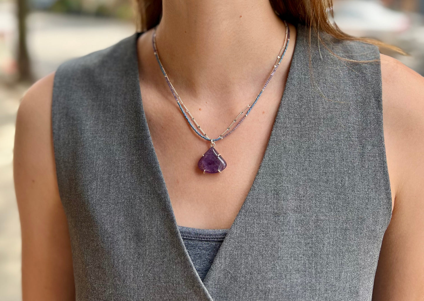 Lepidolite Beaded Silver Chain Necklace