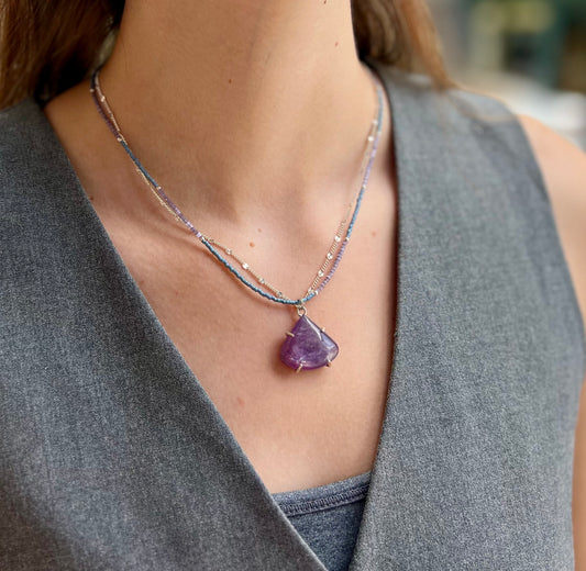 Lepidolite Beaded Silver Chain Necklace