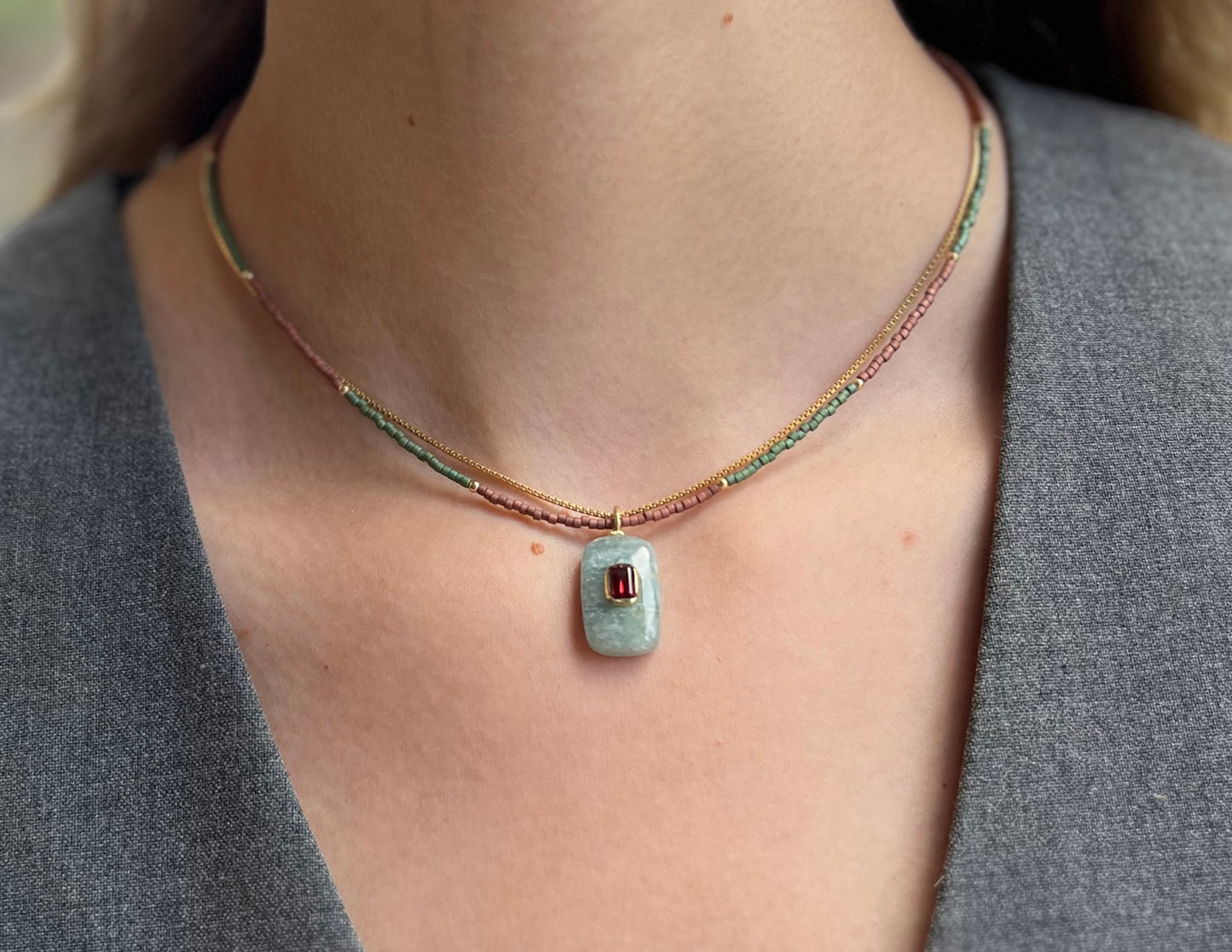 Aquamarine Garnet Beaded Gold Necklace