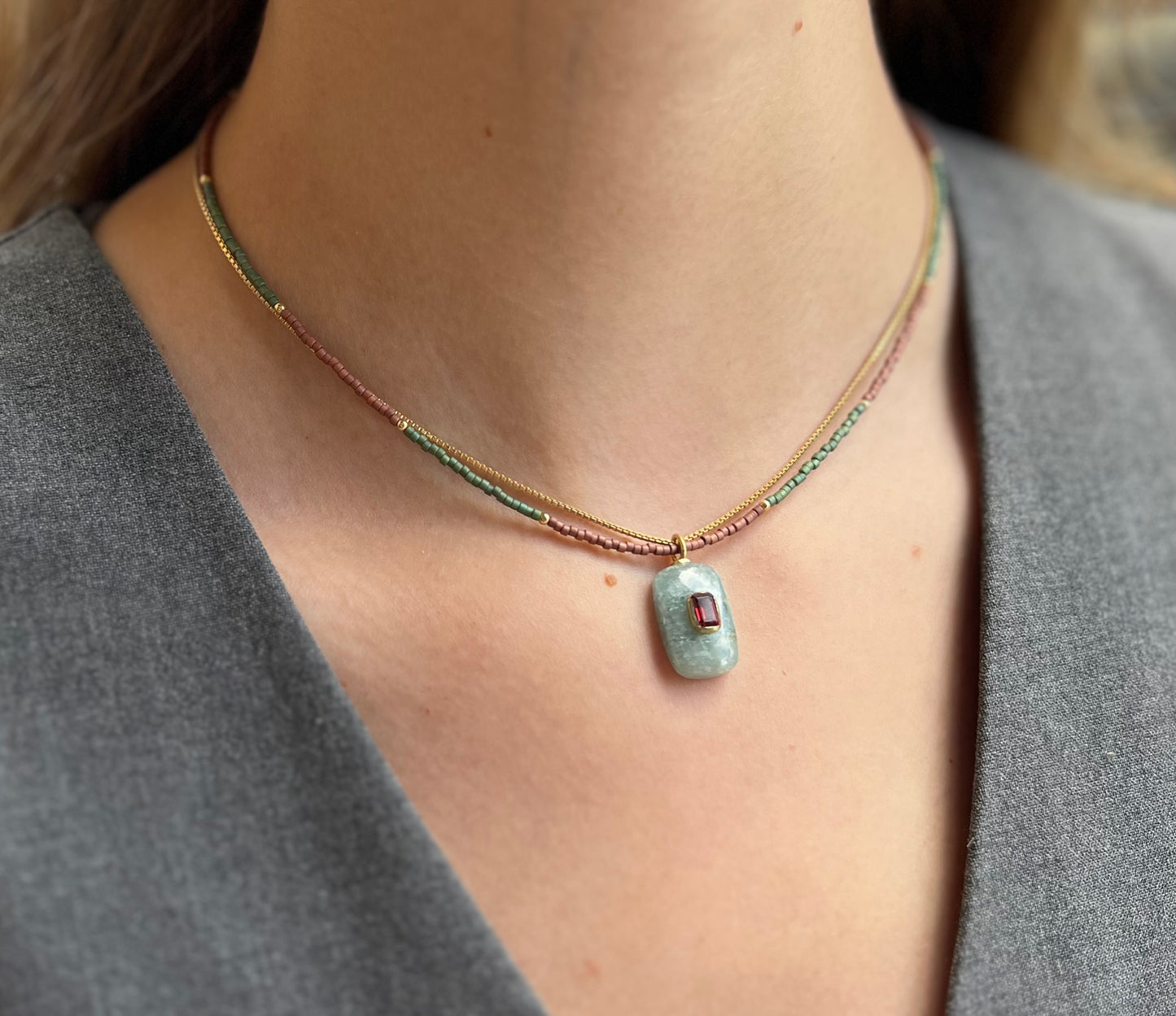 Aquamarine Garnet Beaded Gold Necklace