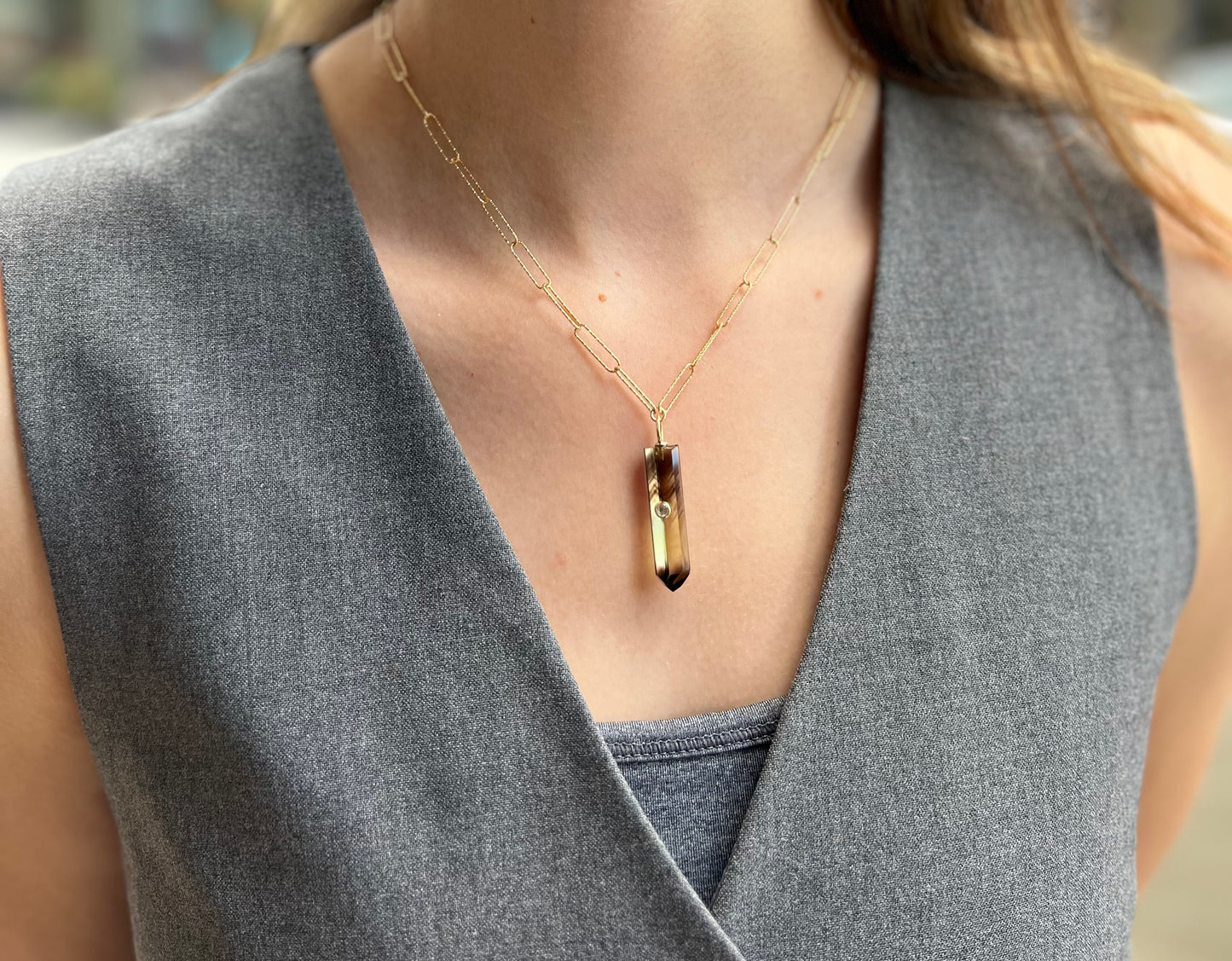 Bi Colored Smokey Quartz Crystal Gold Necklace