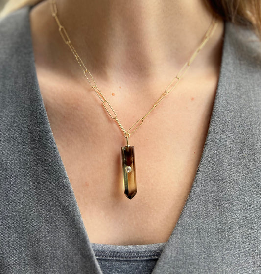 Bi Colored Smokey Quartz Crystal Gold Necklace