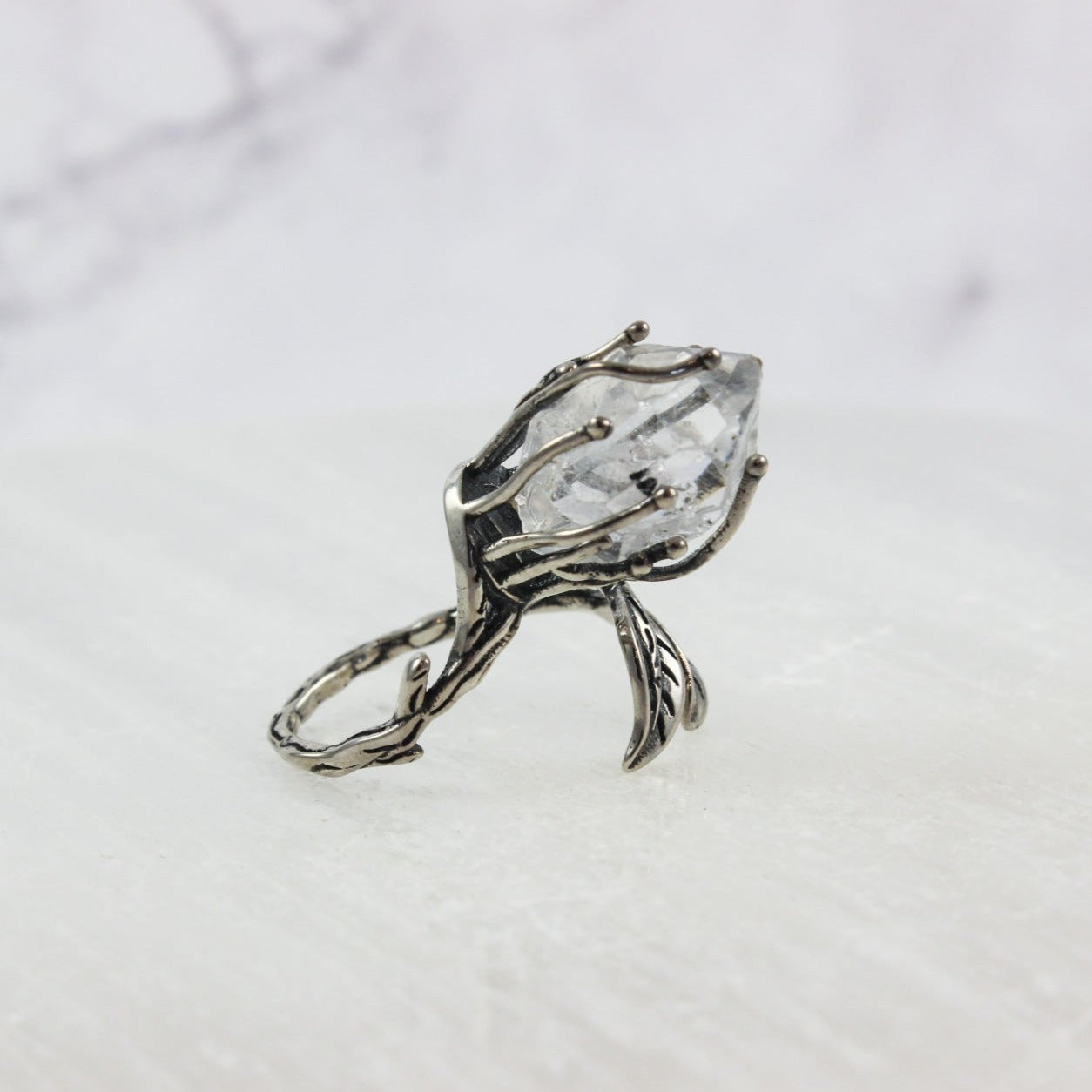 Dramatic Herkimer Diamond Silver Vine Ring