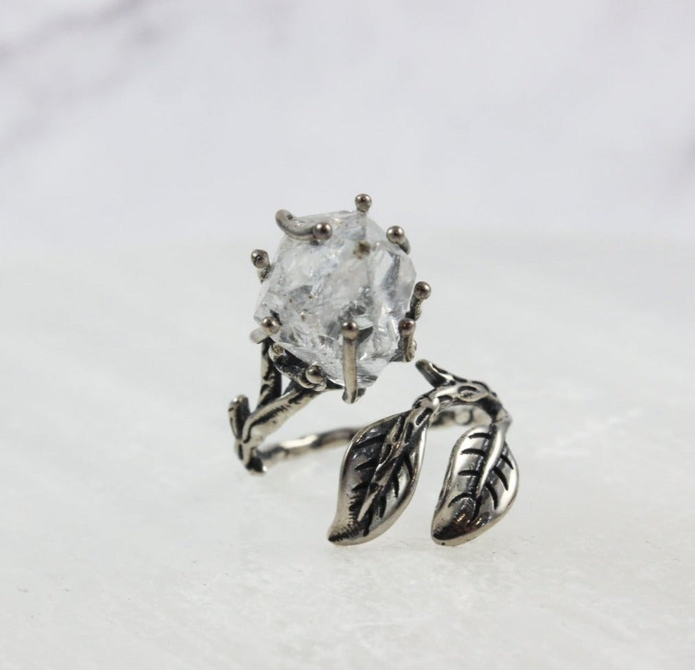 Dramatic Herkimer Diamond Silver Vine Ring