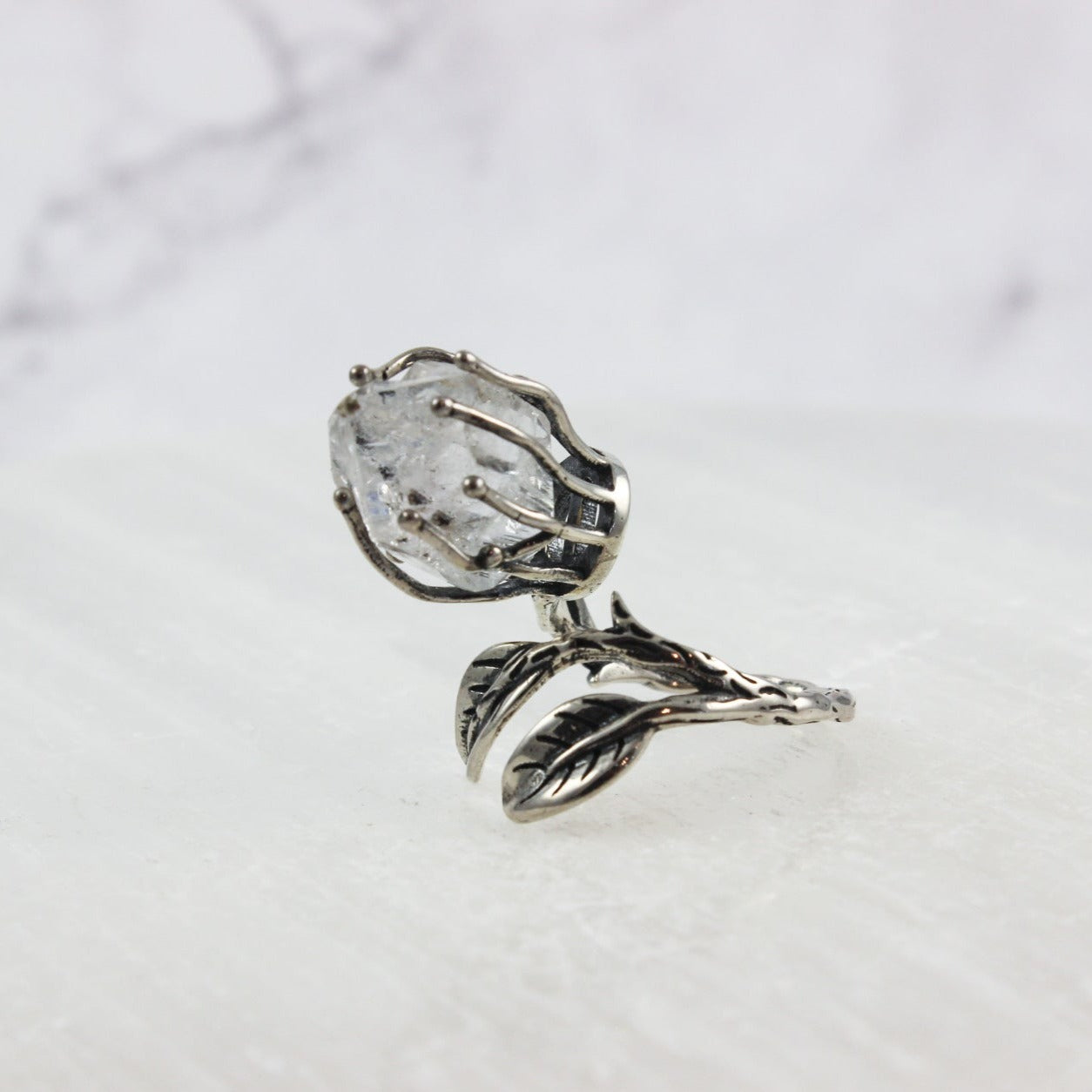 Dramatic Herkimer Diamond Silver Vine Ring