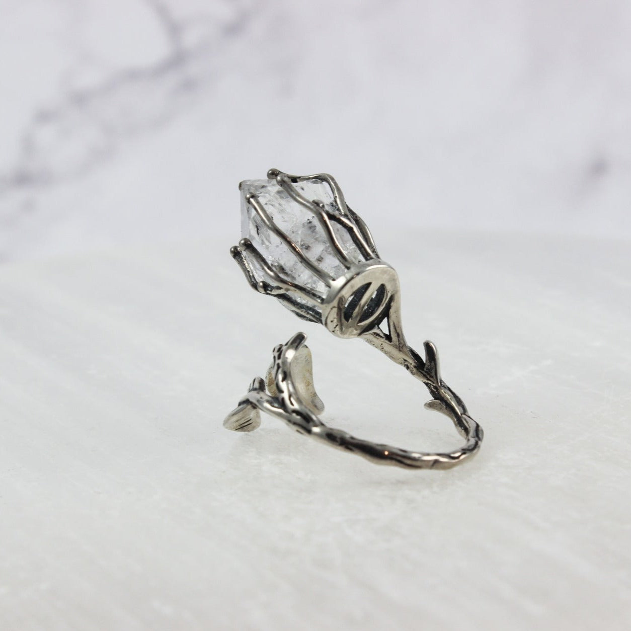Dramatic Herkimer Diamond Silver Vine Ring