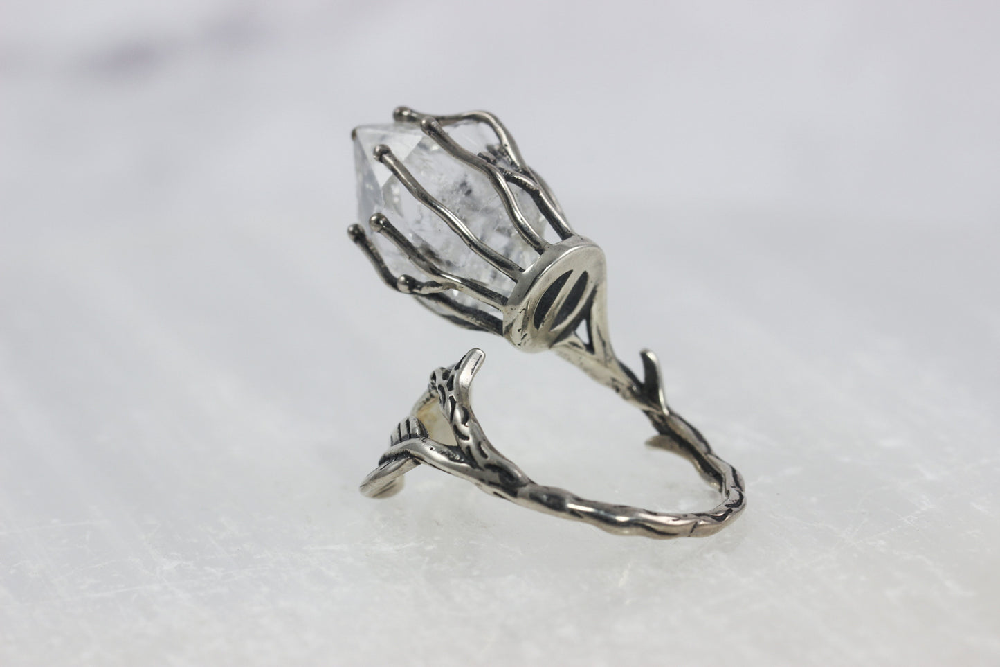 Dramatic Herkimer Diamond Silver Vine Ring