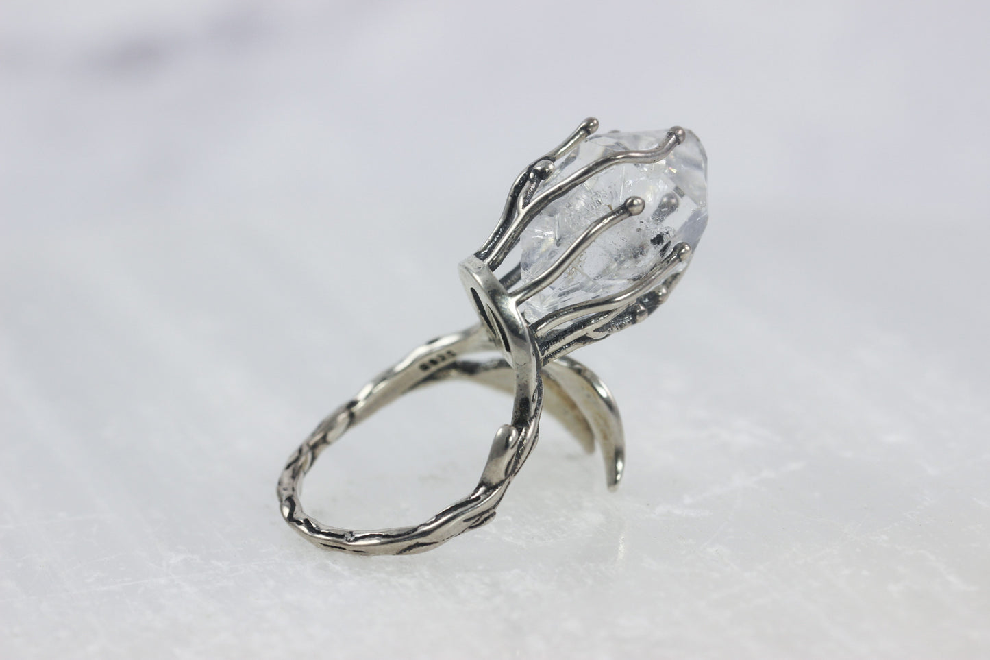 Dramatic Herkimer Diamond Silver Vine Ring