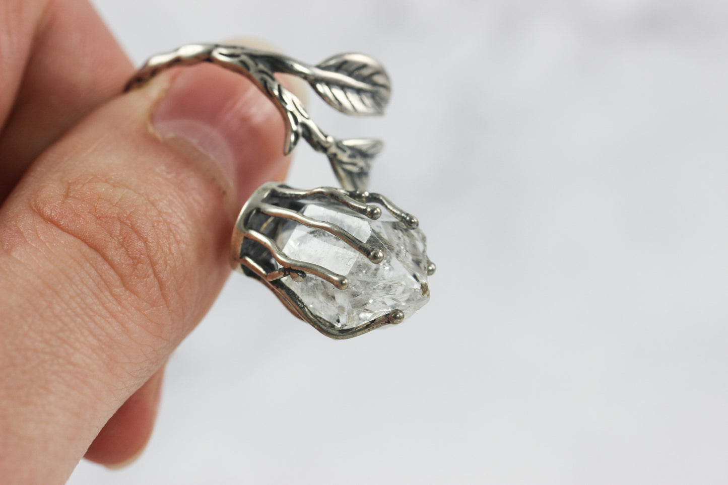 Dramatic Herkimer Diamond Silver Vine Ring