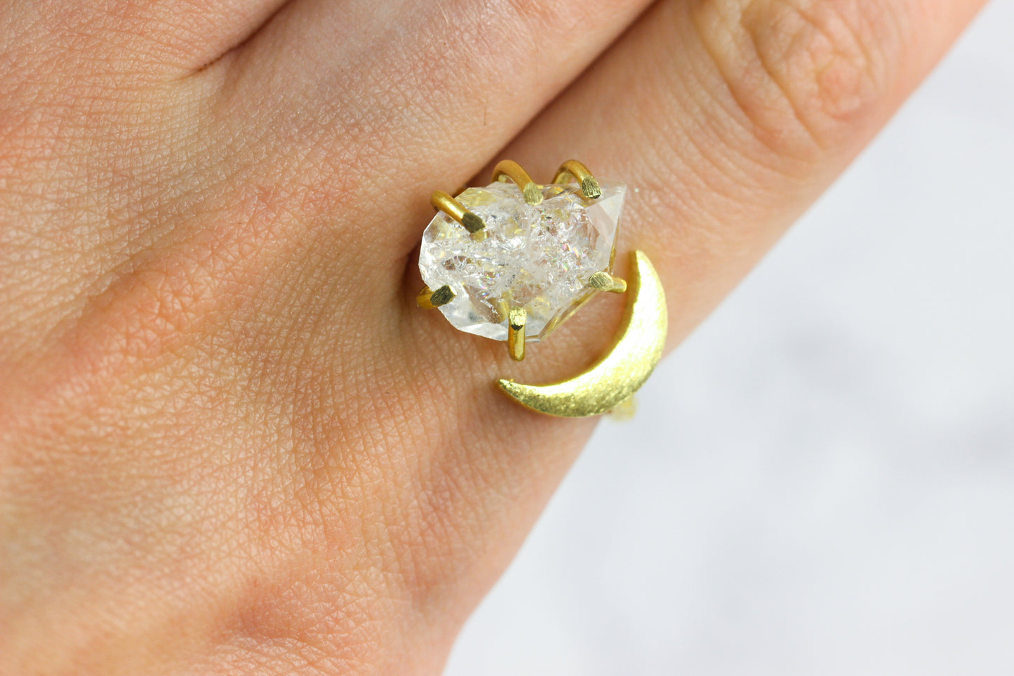 Herkimer Diamond Crystal Moon Ring
