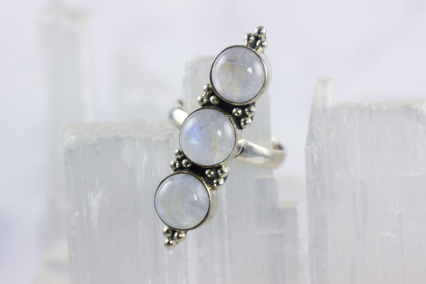 Rainbow Moonstone Three Stone Ring