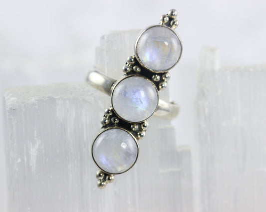 Rainbow Moonstone Three Stone Ring
