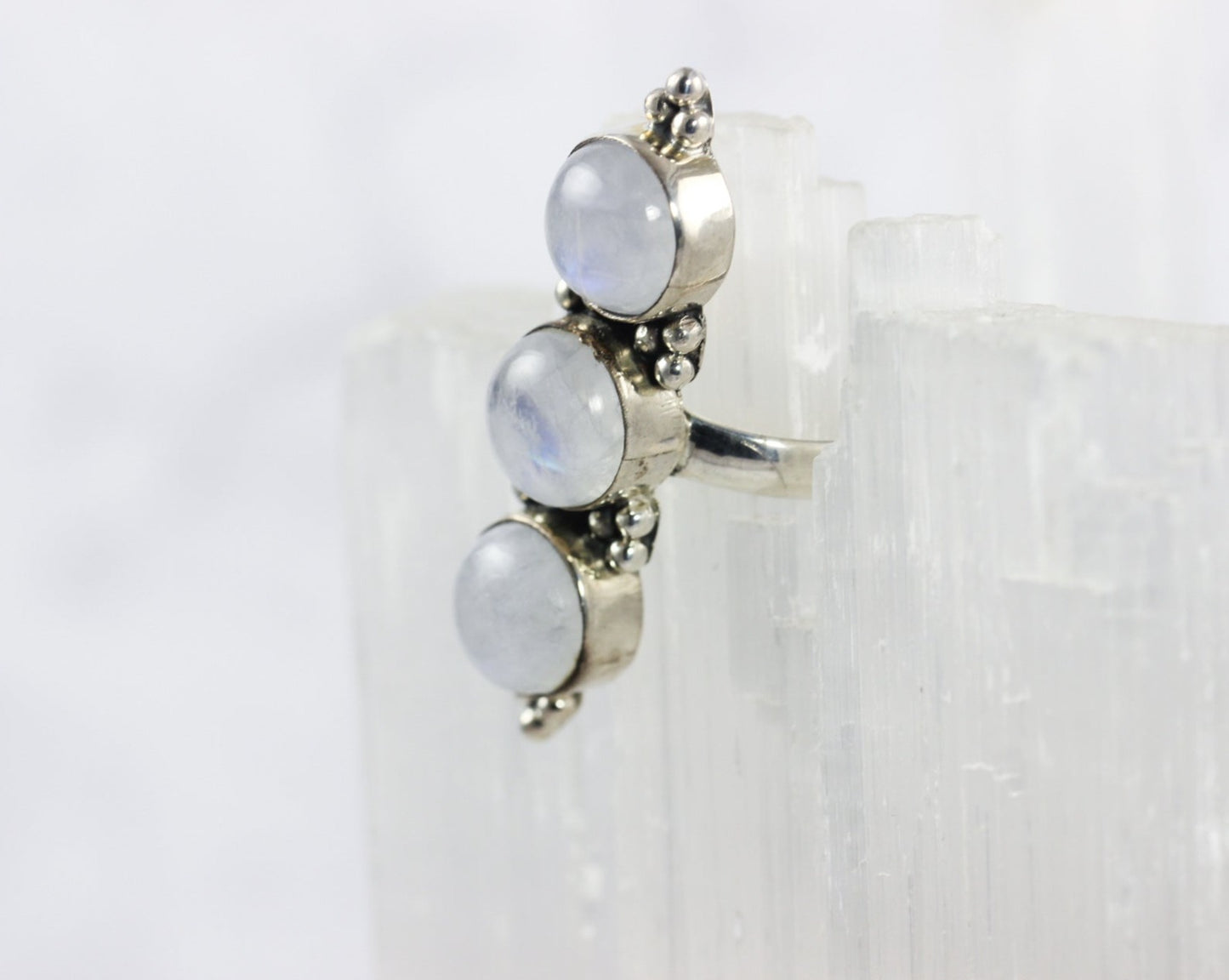 Rainbow Moonstone Three Stone Ring