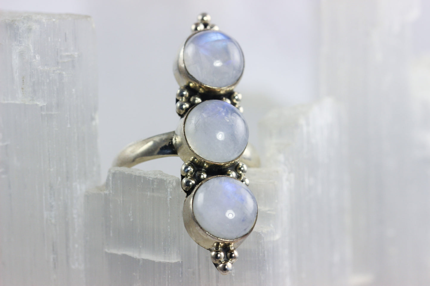 Rainbow Moonstone Three Stone Ring