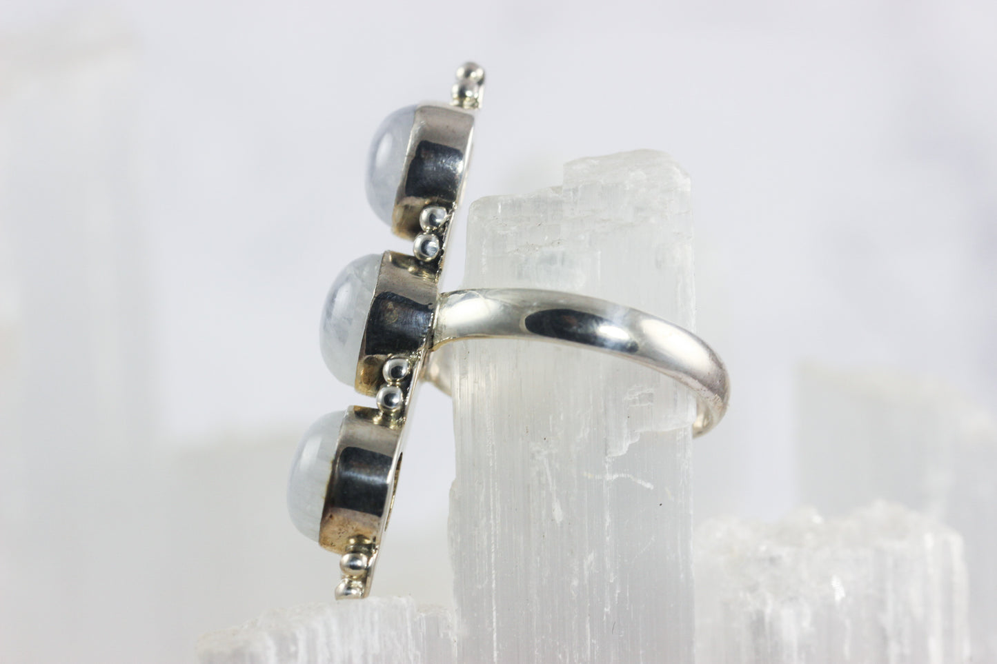 Rainbow Moonstone Three Stone Ring