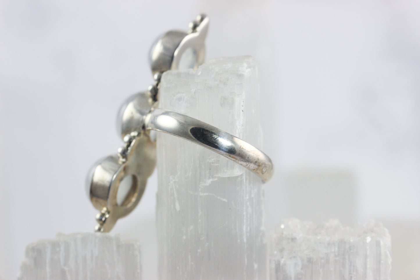Rainbow Moonstone Three Stone Ring