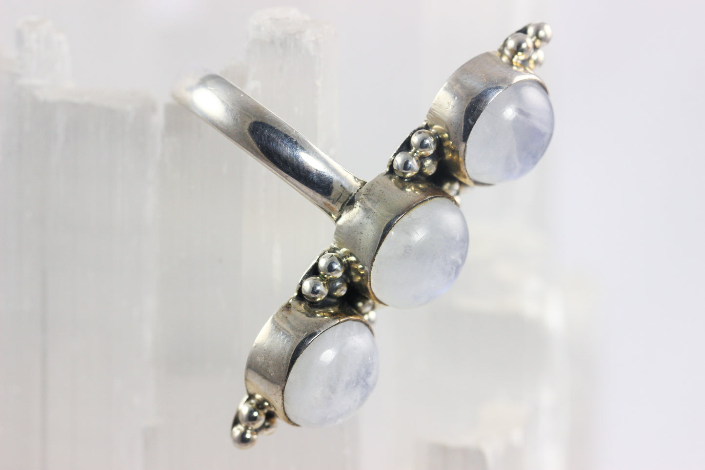 Rainbow Moonstone Three Stone Ring