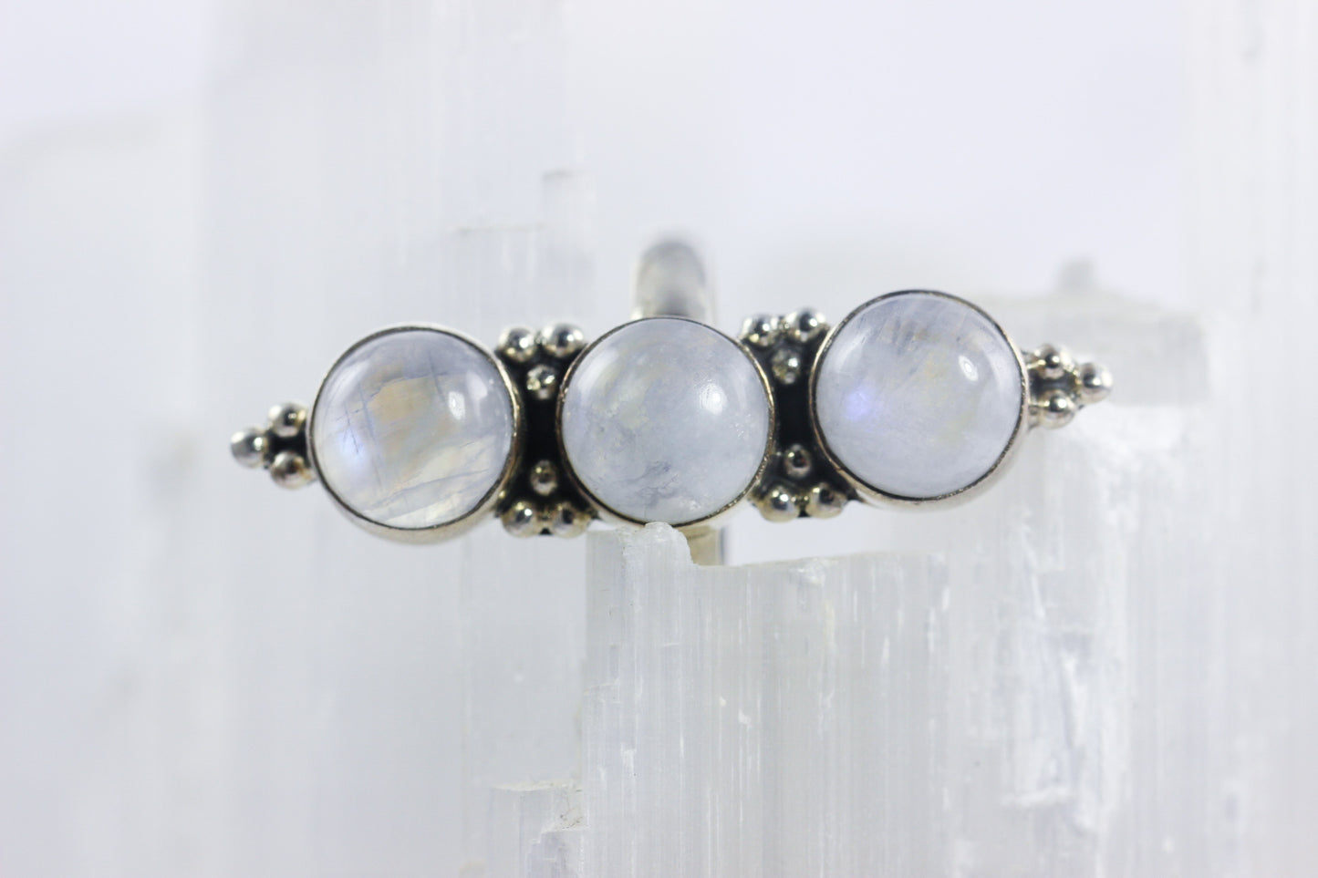 Rainbow Moonstone Three Stone Ring