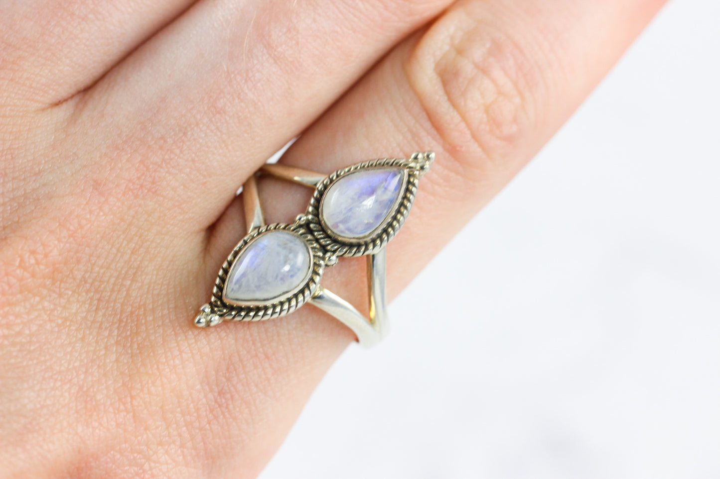 Rainbow Moonstone Two stone Ring