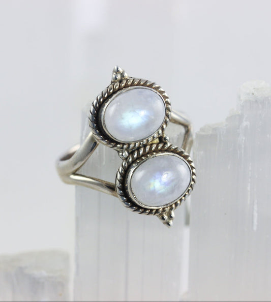 Rainbow Moonstone Two Stone Ring