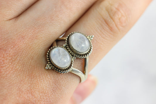 Rainbow Moonstone Two Stone Ring