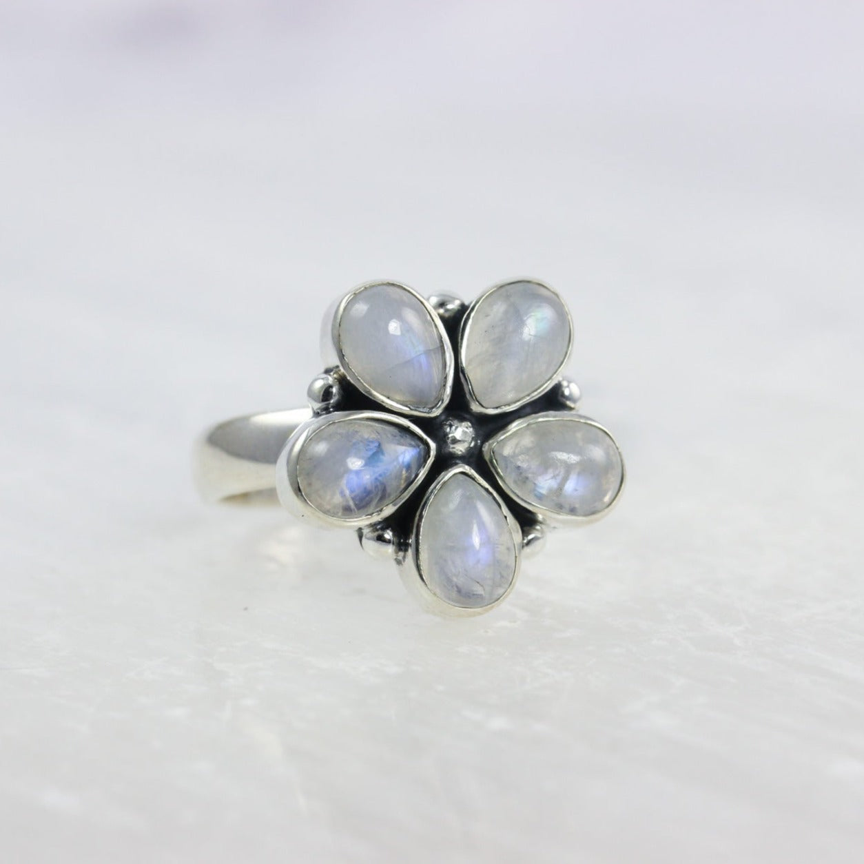 Rainbow Moonstone Flower Ring