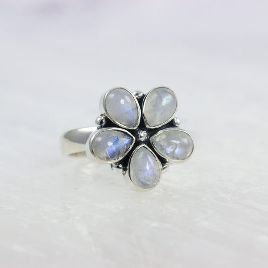 Rainbow Moonstone Flower Ring