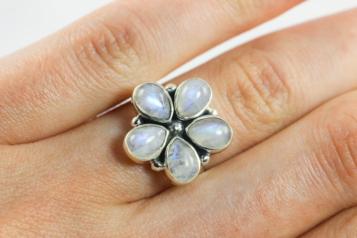 Rainbow Moonstone Flower Ring