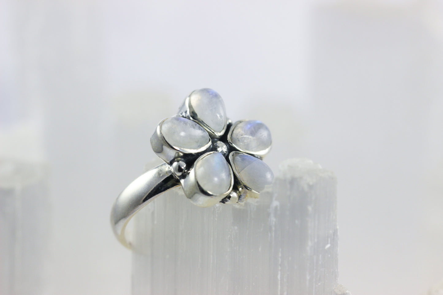 Rainbow Moonstone Flower Ring