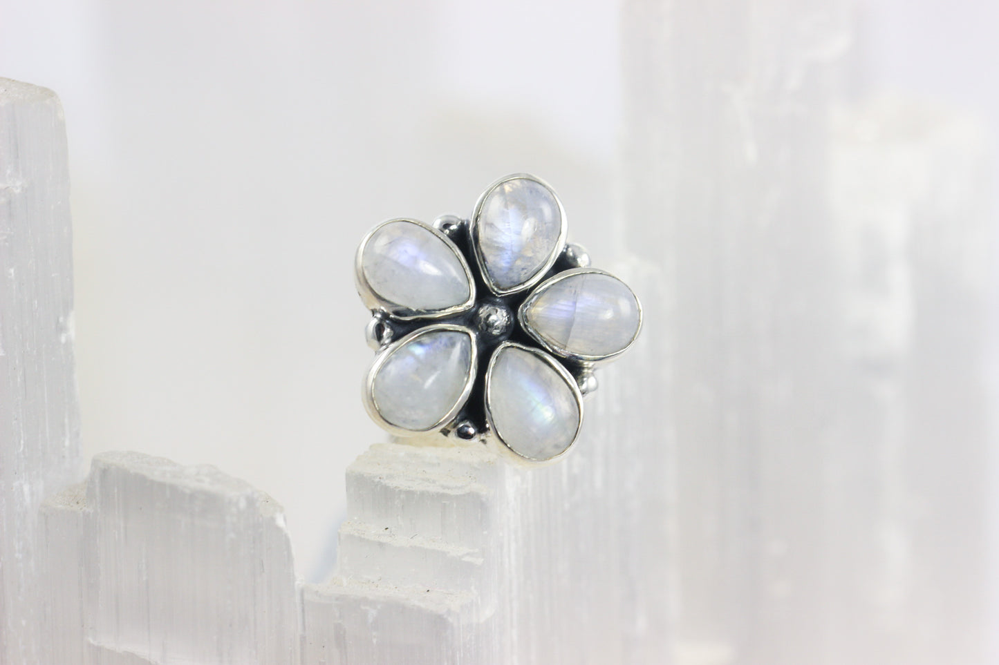 Rainbow Moonstone Flower Ring