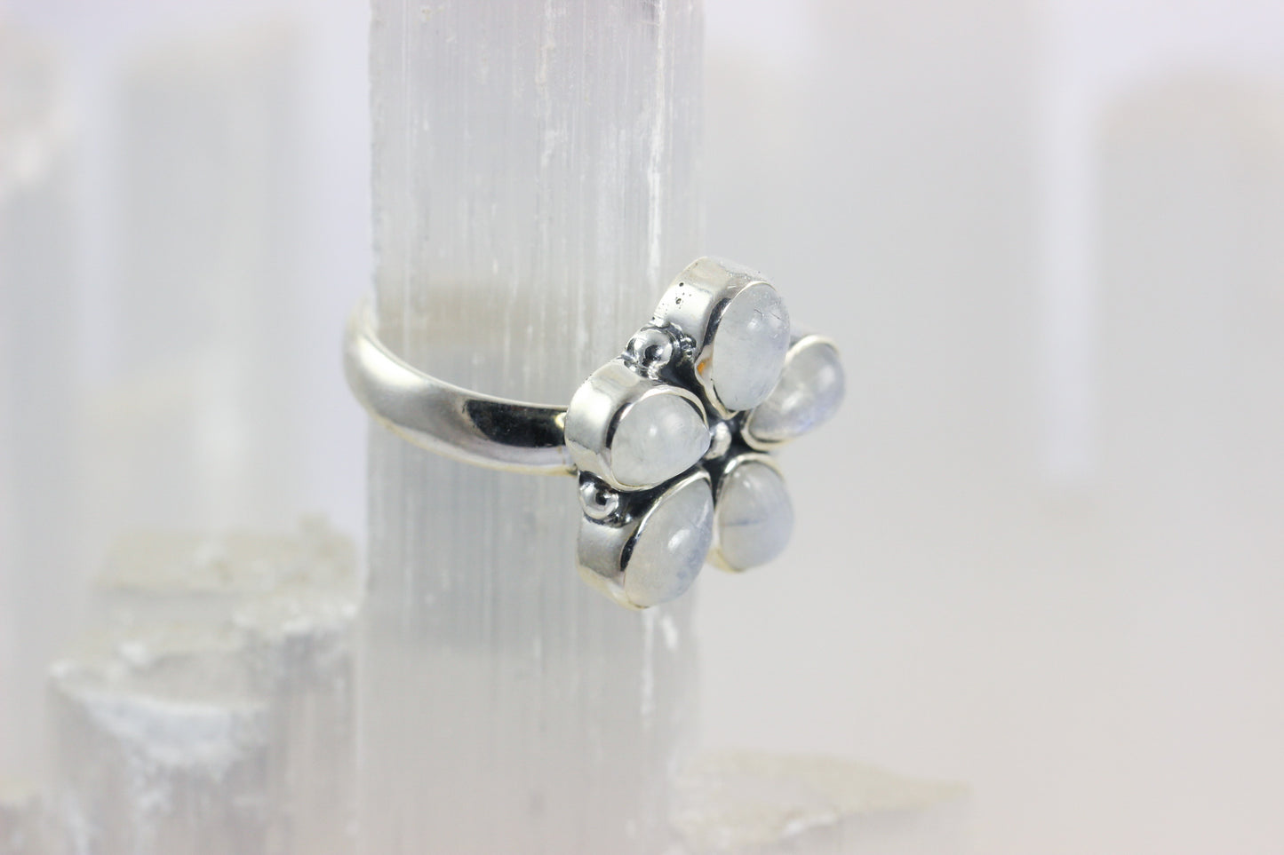 Rainbow Moonstone Flower Ring