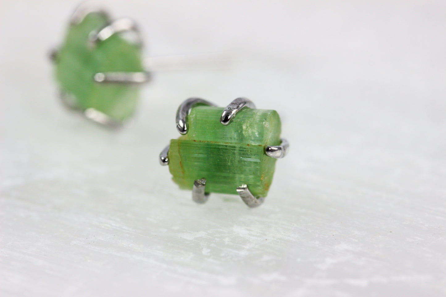 Small Green Tourmaline Crystal Earrings