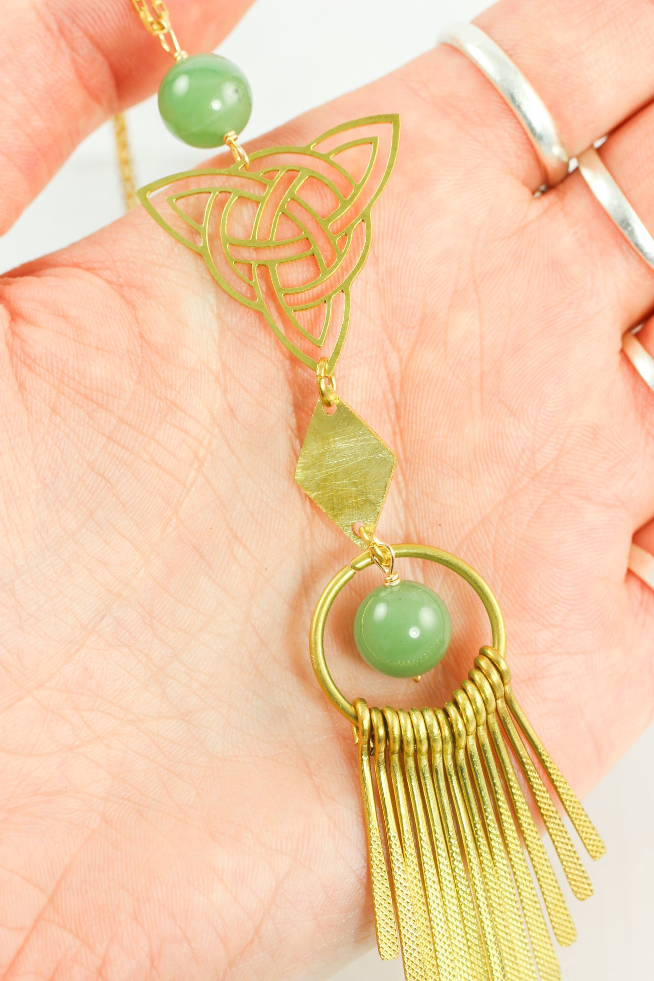 Trinity Jade Tassel Brass Necklace
