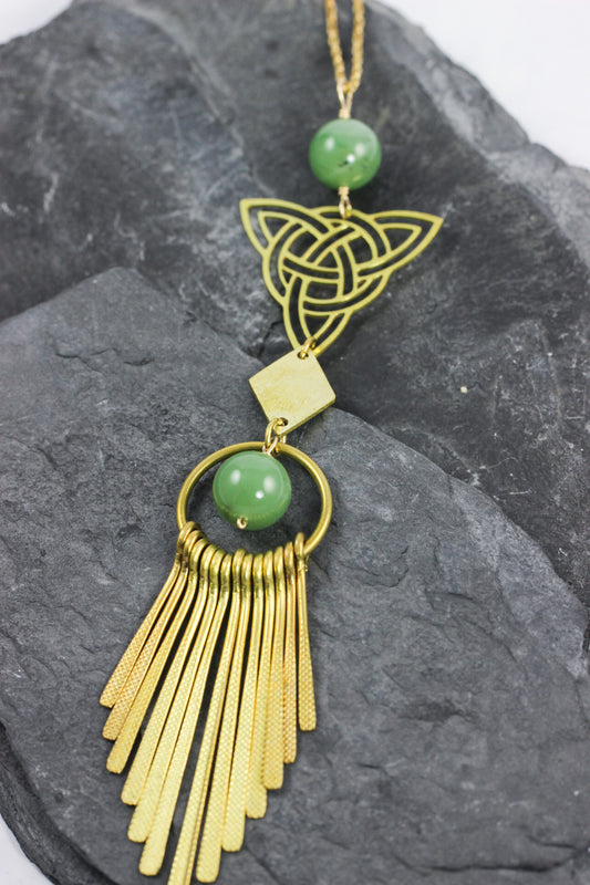 Trinity Jade Tassel Brass Necklace