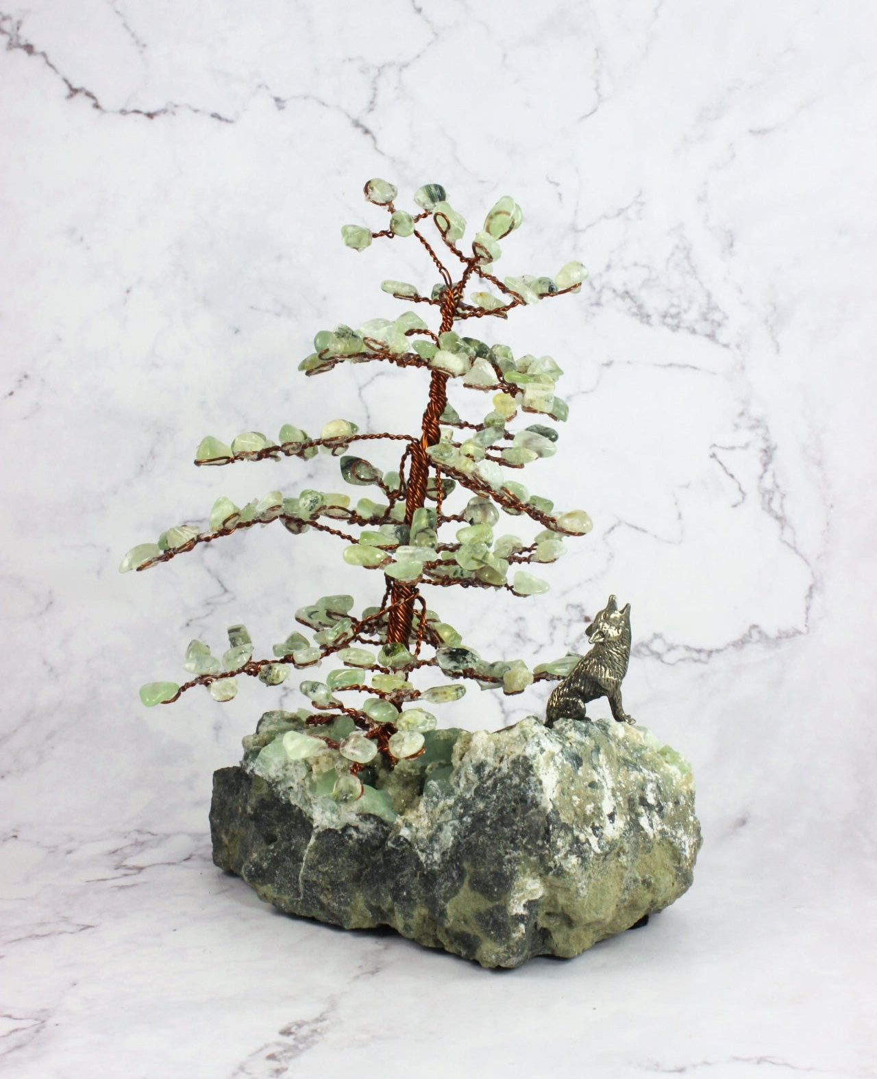 Prehnite Gem Tree with Wolf