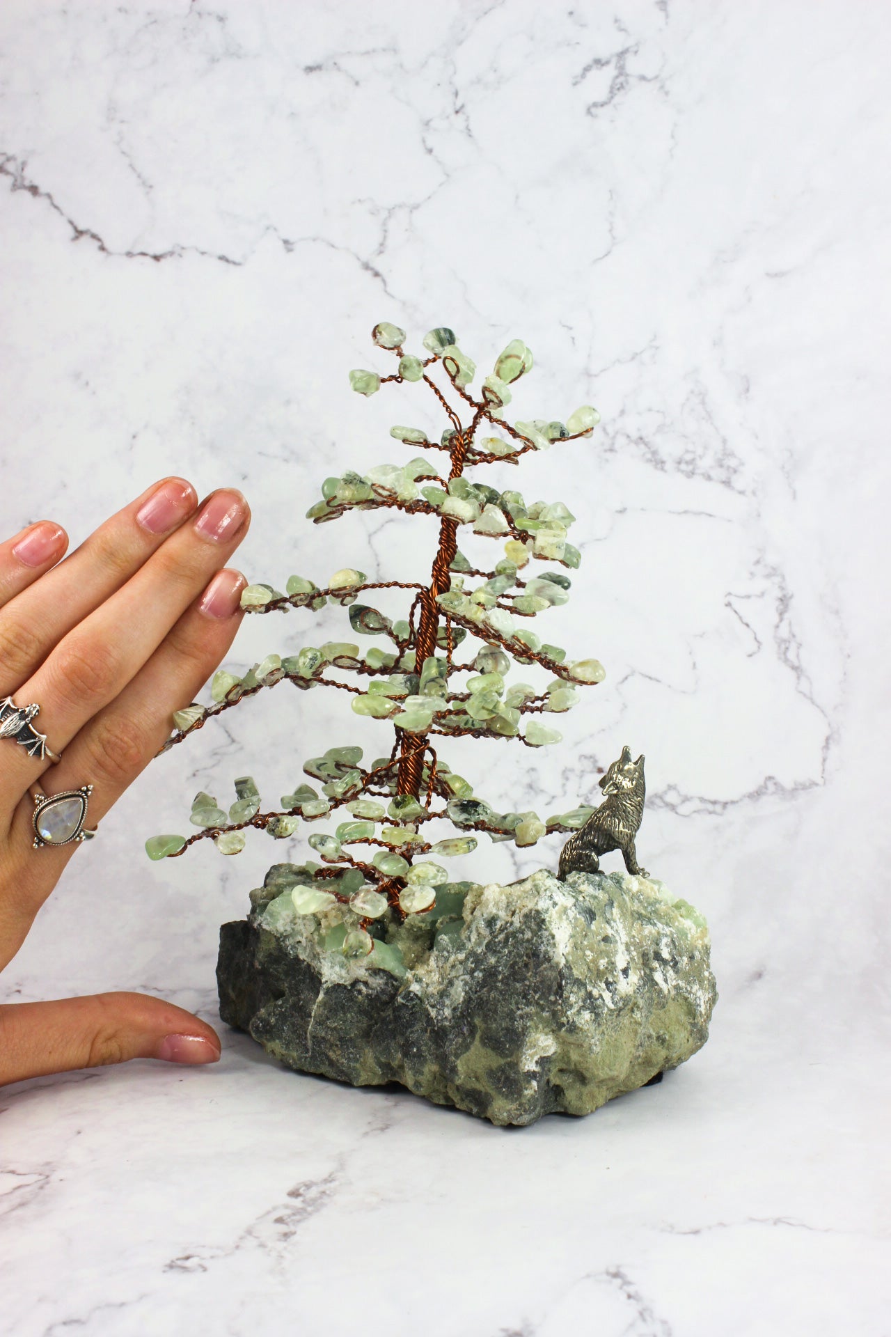 Prehnite Gem Tree with Wolf