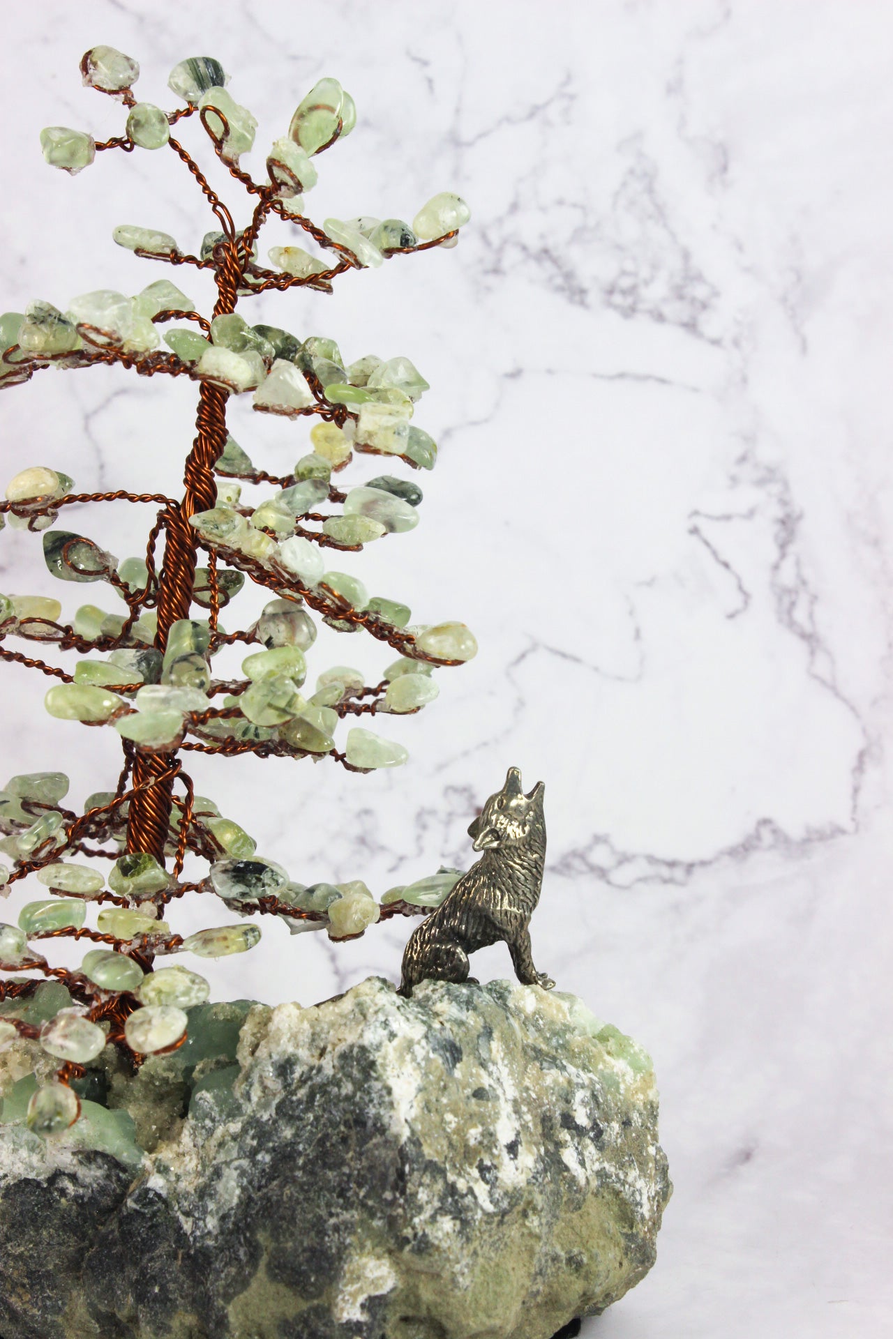 Prehnite Gem Tree with Wolf