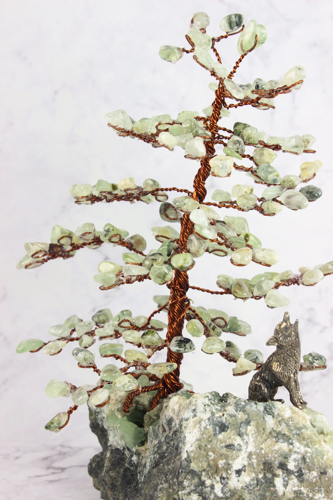 Prehnite Gem Tree with Wolf