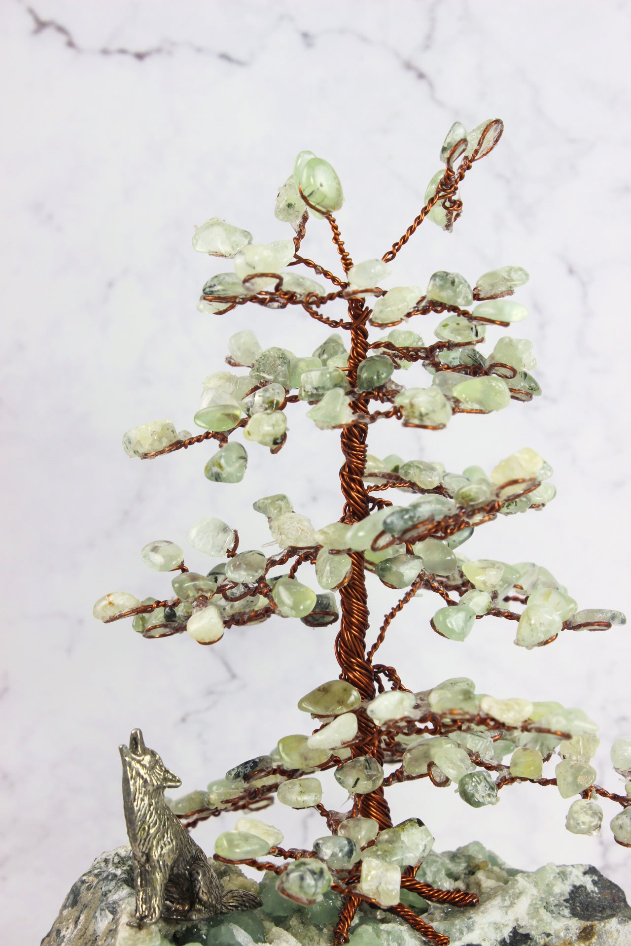 Prehnite Gem Tree with Wolf