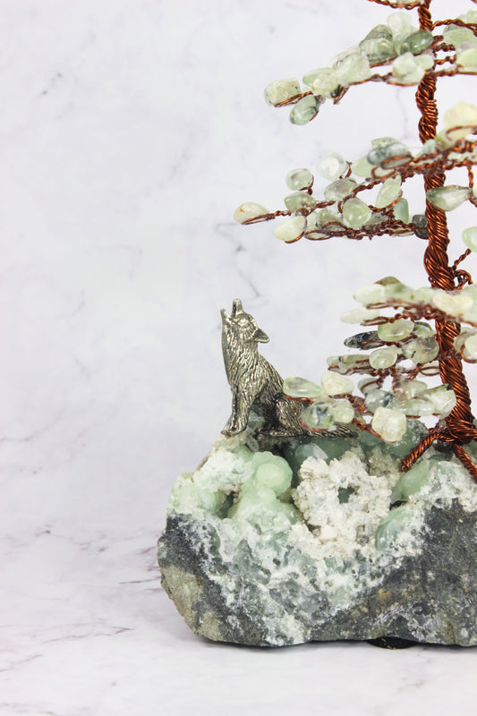 Prehnite Gem Tree with Wolf