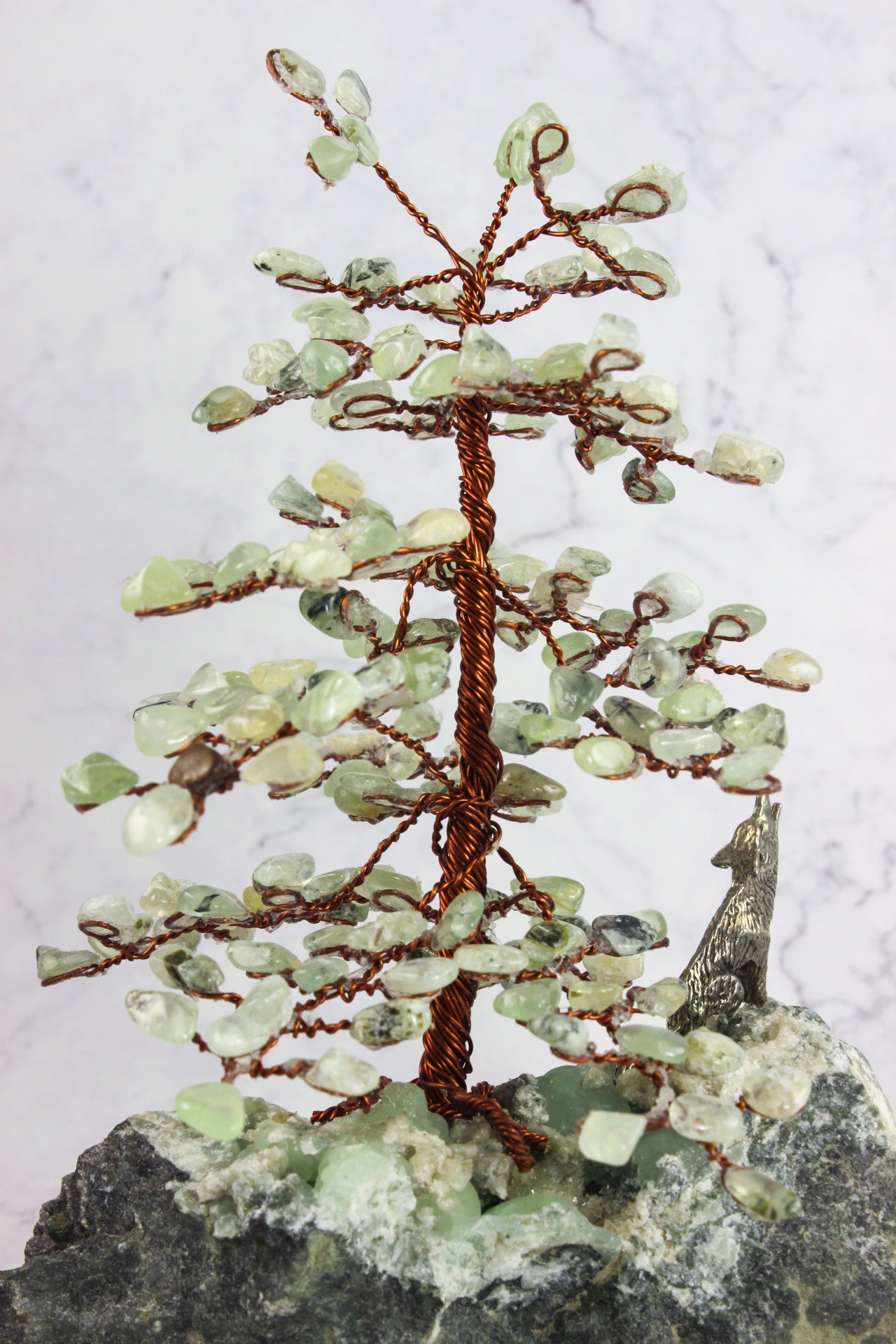 Prehnite Gem Tree with Wolf