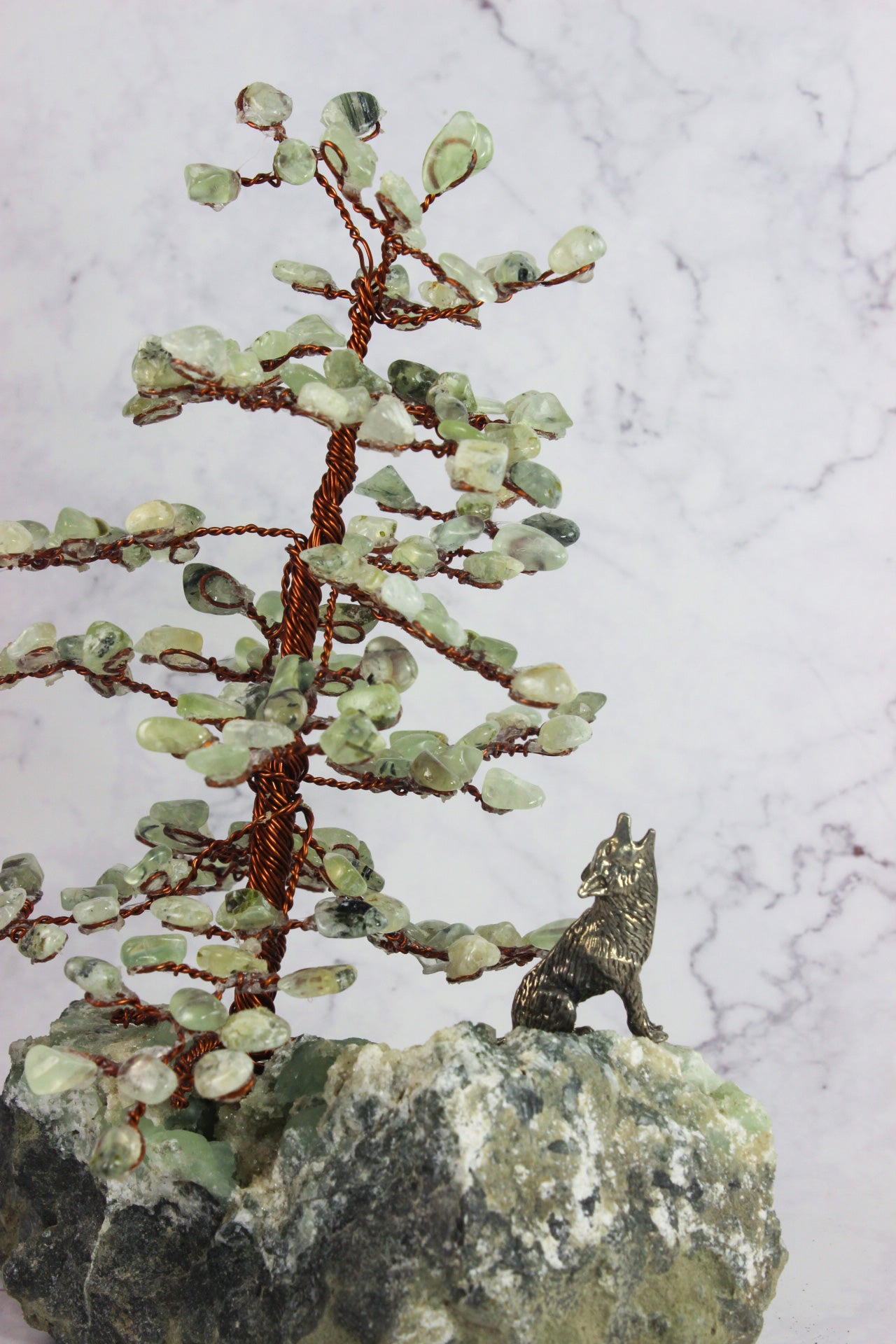 Prehnite Gem Tree with Wolf
