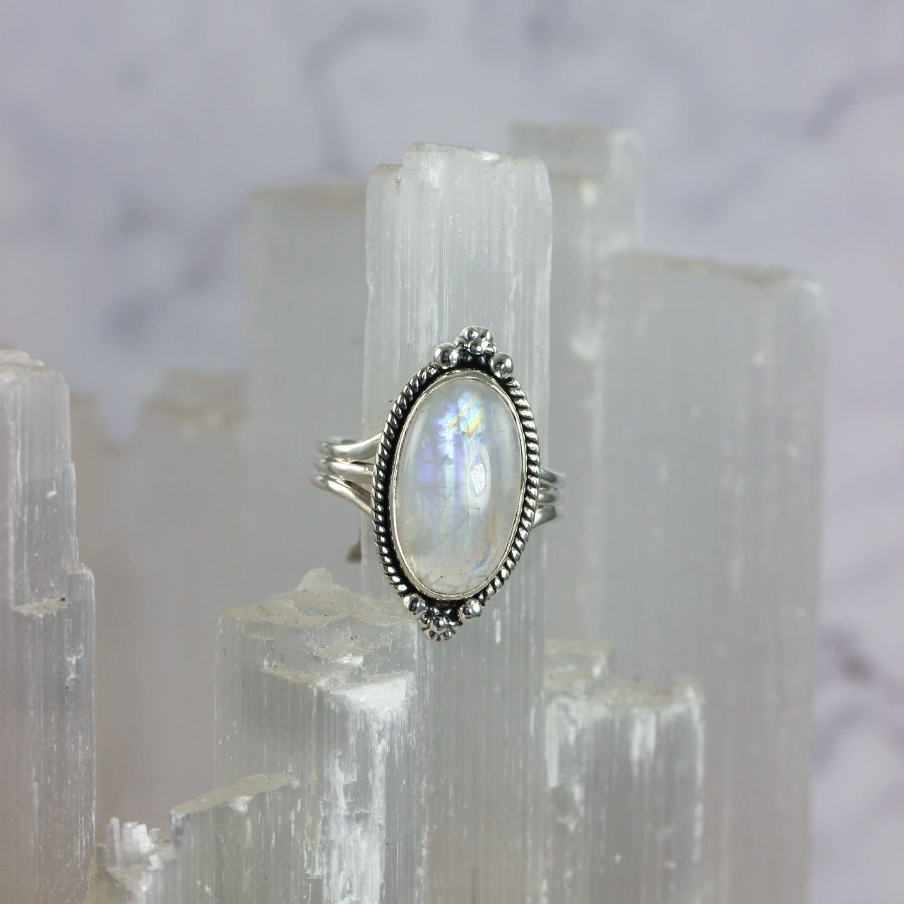 Rainbow Moonstone Oval Cab Ring