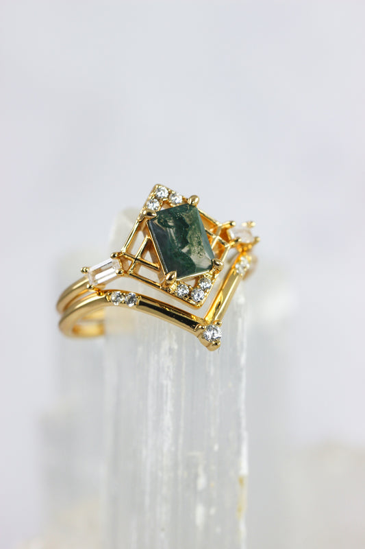 Moss Agate Stacking Rings - Rectangle Shape