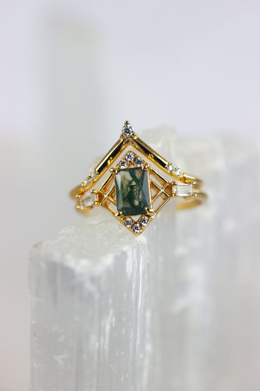 Moss Agate Stacking Rings - Rectangle Shape