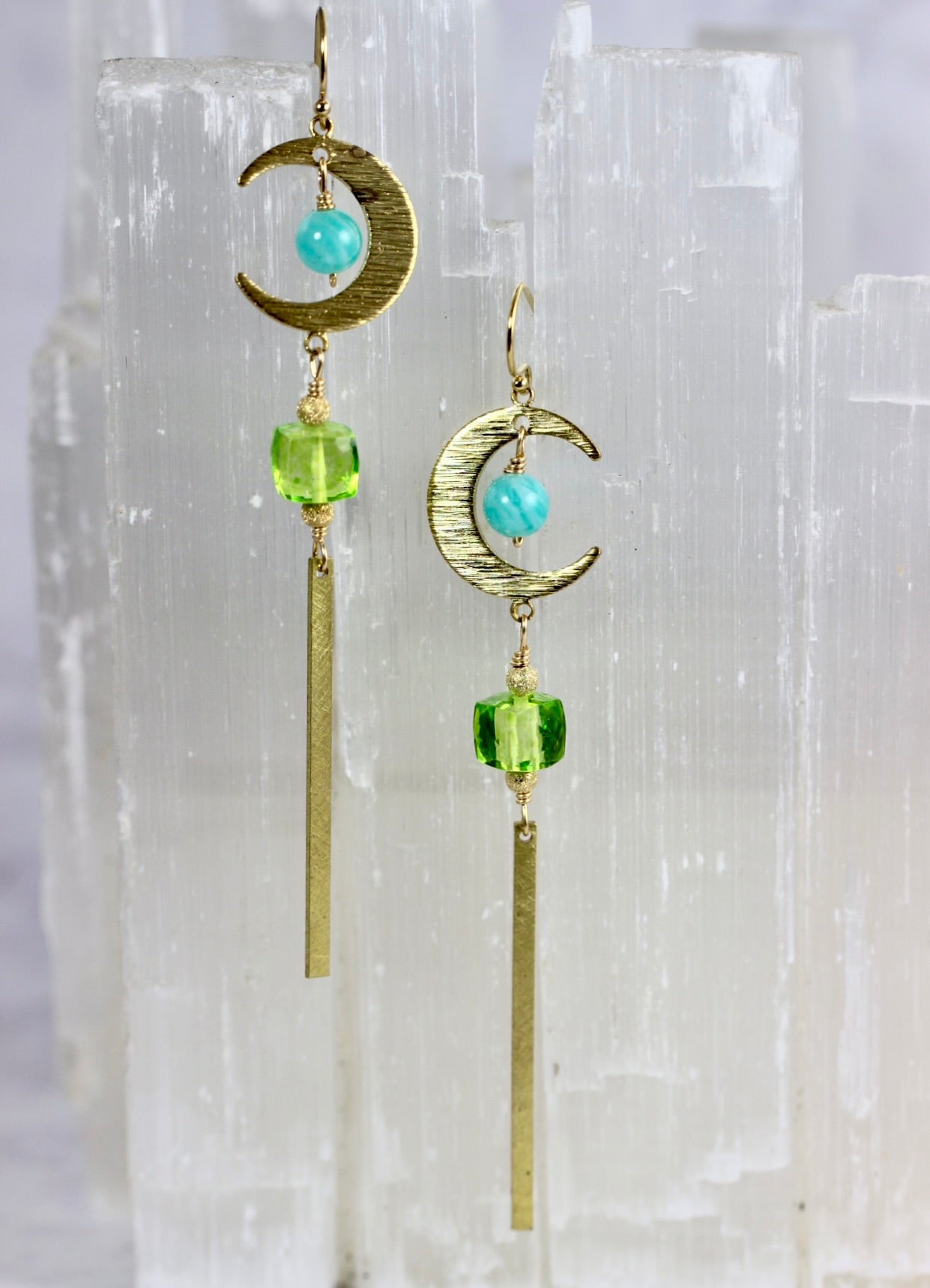 Brass Moon Amazonite Long Drop Earrings
